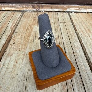 Whimsigoth Vintage Avon Ring  Black Onyx Style Marquise Gothic Ornate Silver 8.5